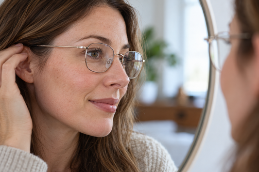 Woman checking glasses fit in a mirror, showing nose pads and cheek clearance