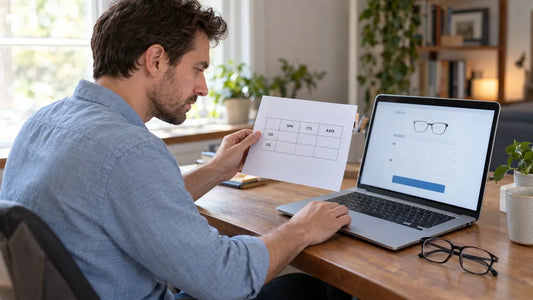 Man comparing the SPH, CYL and AXIS headings on an illustrative prescription sheet with an online glasses order form.
