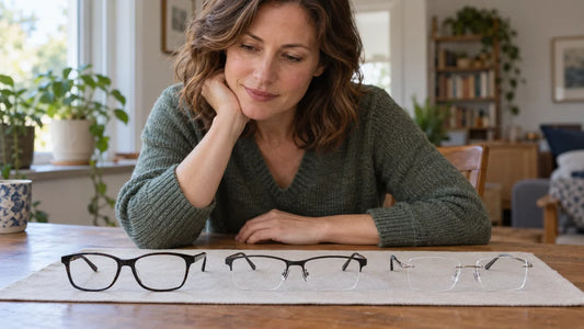 Woman comparing illustrative full-rim, semi-rimless and rimless glasses at a table.