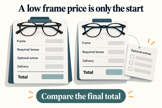 Compare frame, required lenses, optional extras and delivery in the final total