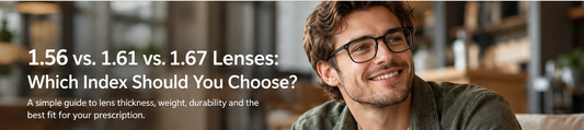 Man wearing prescription glasses, guide to 1.56 vs 1.61 vs 1.67 lens index