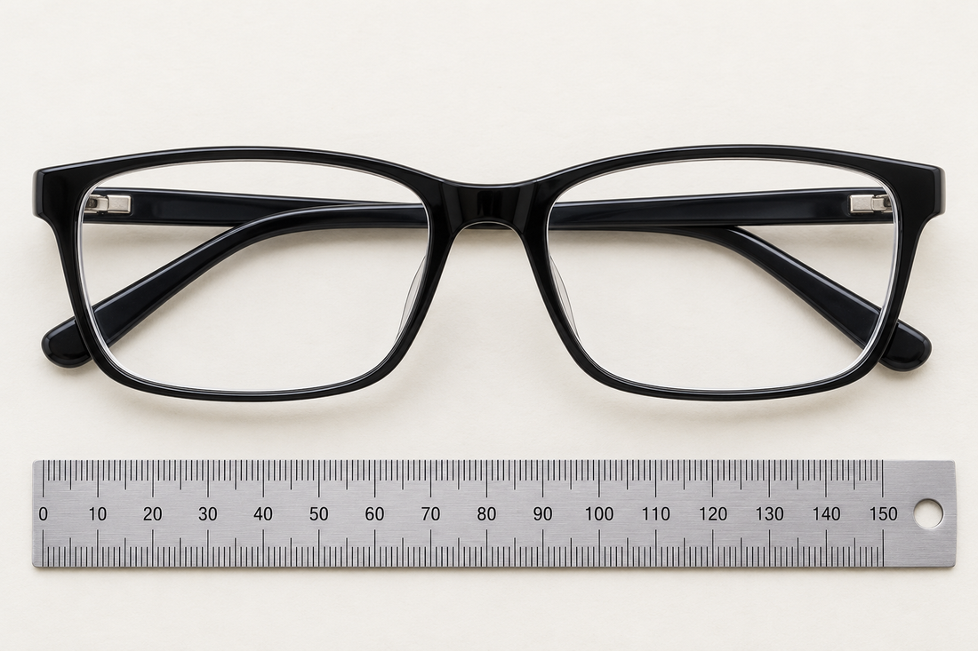 Black rectangular eyeglasses beside a ruler, photographed sharply from above; AI-generated illustration, not a product measurement.