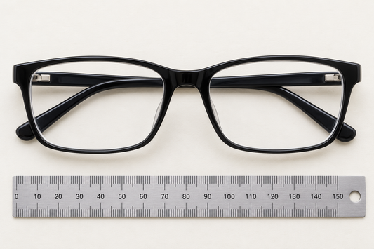 Black rectangular eyeglasses beside a ruler, photographed sharply from above; AI-generated illustration, not a product measurement.